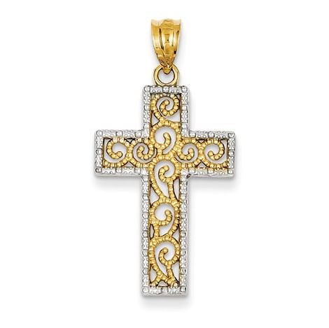 14k w/Rhodium Filigree Cross Pendant