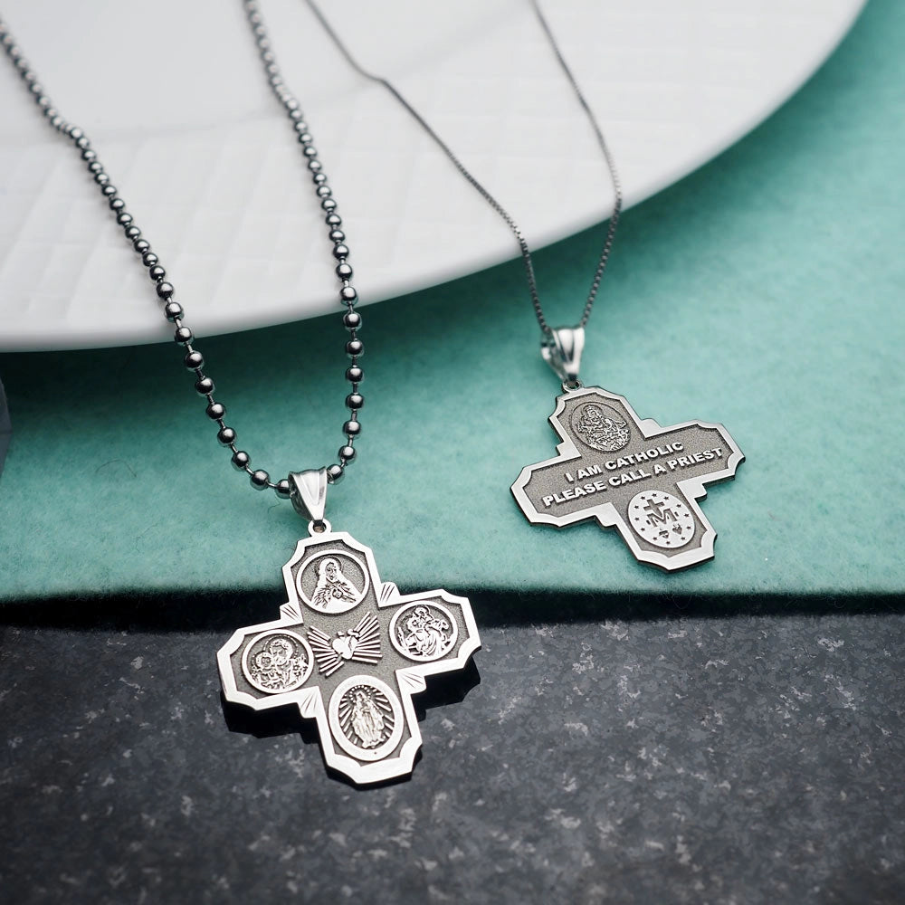 Solid White Gold Holy Spirit Four Way Cross Pendant Necklace