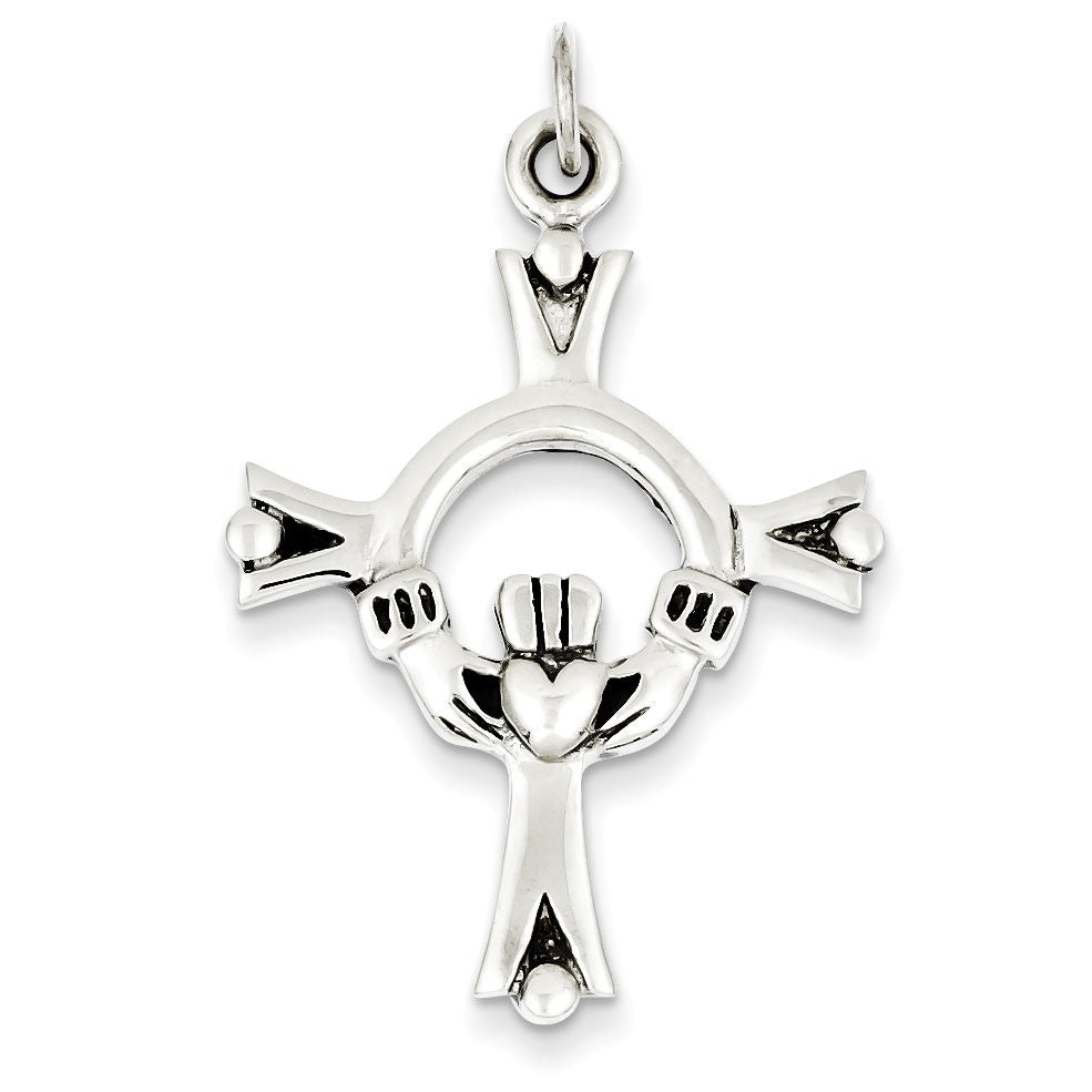 Sterling Silver Antiqued Claddagh Cross Charm