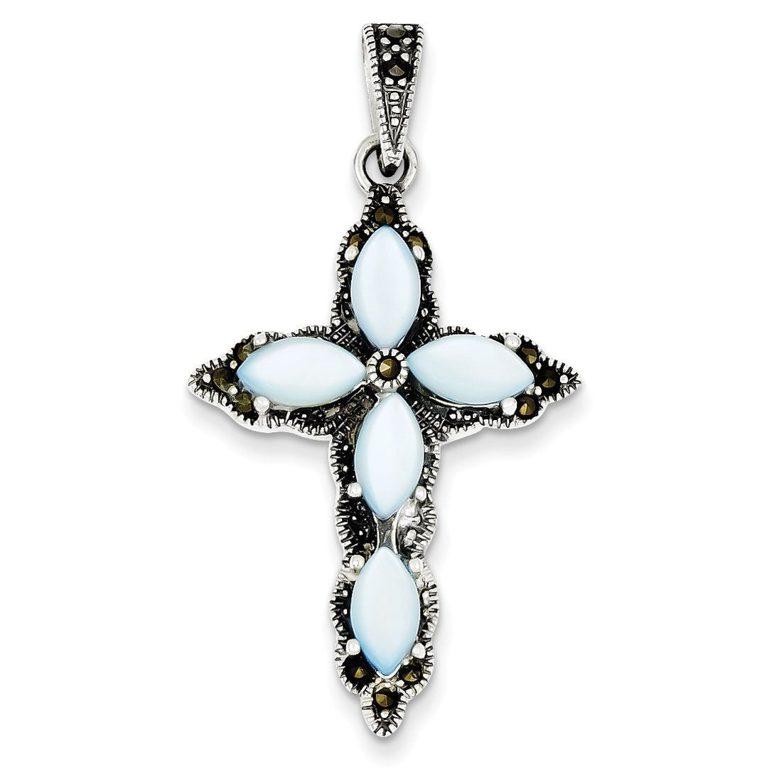 Sterling Silver Marcasite, Blue Mother of Pearl Cross Pendant