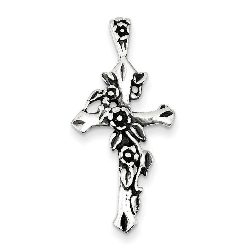 Sterling Silver Antiqued Flowered Cross Pendant