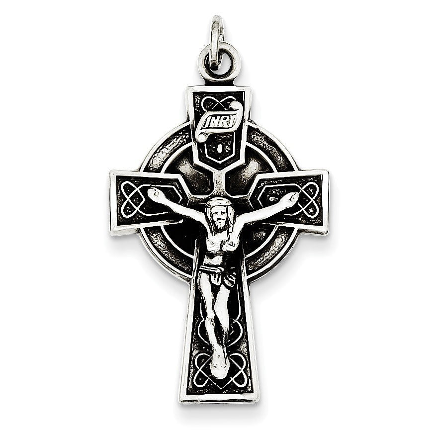 Sterling Silver Antiqued Satin Irish Crucifix Cross Pendant