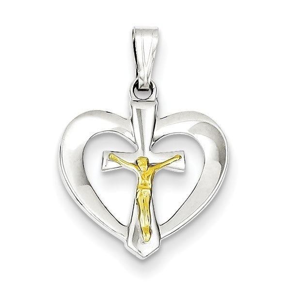 Sterling Silver Polished Heart with Vermeil Crucifix Pendant