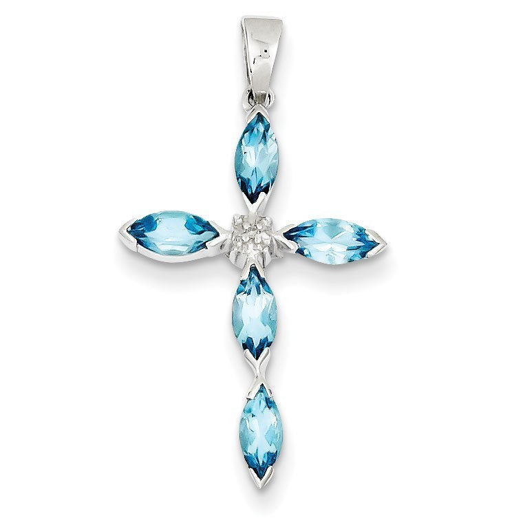 Sterling Silver Rhodium Lt Sw Blue Topaz Cross & Diamond Pendant