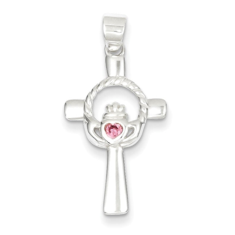 Sterling Silver Pink CZ Claddagh Cross Pendant